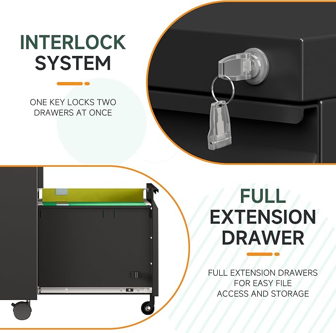 2 Drawer Metal Rolling File Cabinet with Lock, Under Desk Mobile Filing Cabinet for Home Office, Printer Stand with Casters Fits A4/Letter/Legal Size Documents, Black