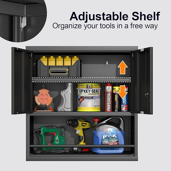 GREATMEET 31" H Metal Garage Storage Cabinets with Doors and Shelves, Lockable Storage Cabinet with Lock, Black Hanging Cabinets for Wall, Wall Mount Cabinet for Utility Room