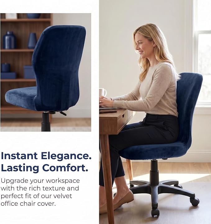 Deisy Dee Velvet Stretch Armless Office Chair Covers - Colorful Stretch Slipcover for Desk Chairs (Navy)