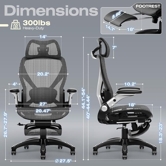ELABEST X100 Ergonomic Mesh Office Chair with Footrest, Big and Tall Hone Desk Chair with 5D Flip-Up Arms, Adjustable 3D Lumbar Support,Gaming & Executive Computer Chairs