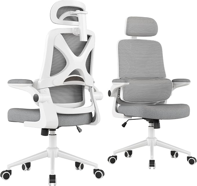 Ergonomic Office Chair - Desk Chair with Adjustable Headrest Lumbar Support Computer Chair - Mesh Comfy Chair with Flip-up Armrests - Gaming Chairs for Adults Home Office (White+Gray)