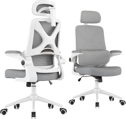 Ergonomic Office Chair - Desk Chair with Adjustable Headrest Lumbar Support Computer Chair - Mesh Comfy Chair with Flip-up Armrests - Gaming Chairs for Adults Home Office (White+Gray)