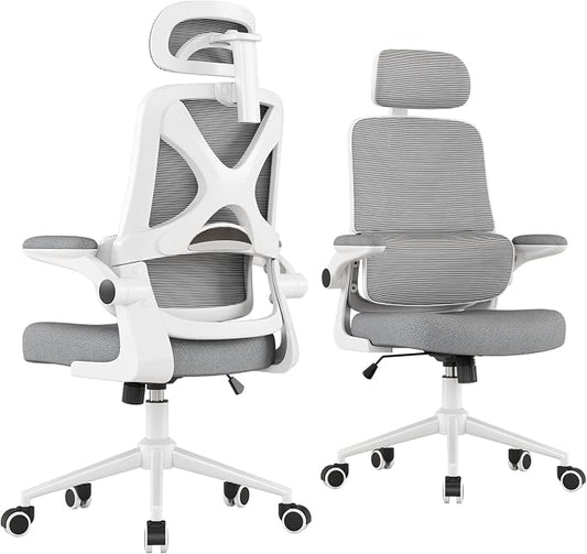 Ergonomic Office Chair - Desk Chair with Adjustable Headrest Lumbar Support Computer Chair - Mesh Comfy Chair with Flip-up Armrests - Gaming Chairs for Adults Home Office (White+Gray)