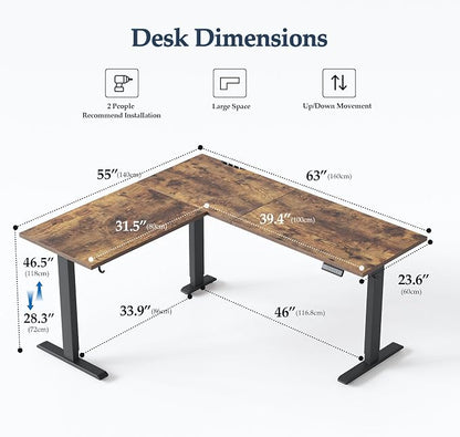 Klicelor L Shaped Standing Desk 63 x 55 Inch, Electric Height Adjustable Corner Desk for Home Office Workstation, Ergonomic Sit Stand Computer Table with Memory Controller, Rustic Brown