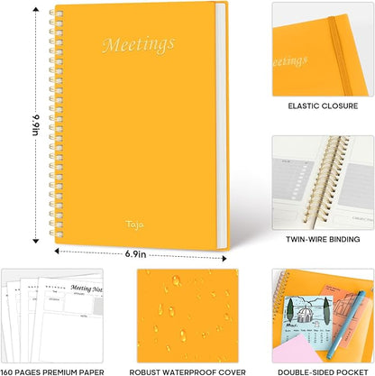Meeting Notebook for Work Organization - Work Planner Notebook with Action Items, Agenda Planner for Note Taking, 160 Pages (6.9" X 9.9") Project Organizer for Men & Women - Yellow