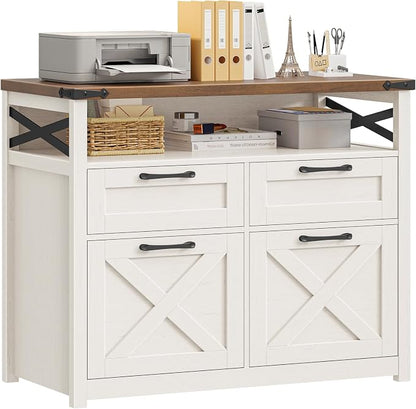 Farmhouse 4 Drawer File Cabinet with Open Storage Shelf, Lateral Filing Cabinet Fits Letter/A4/ Size, Home Office Filing Organizer, Document Storage Printer Stand for Office and Home. Uunique White