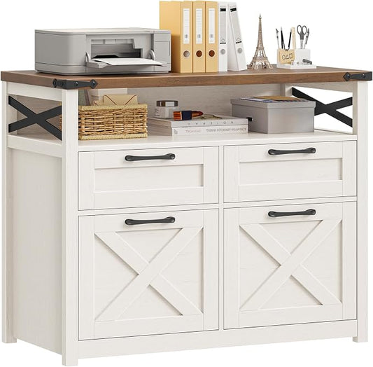 Farmhouse 4 Drawer File Cabinet with Open Storage Shelf, Lateral Filing Cabinet Fits Letter/A4/ Size, Home Office Filing Organizer, Document Storage Printer Stand for Office and Home. Uunique White