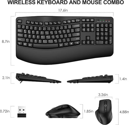 Wireless Keyboard and Mouse Combo, 2.4G Full Size Wave Keys Ergonomic Keyboard with Wrist Rest and 3-Level DPI Adjustable Wireless Ergonomic Mouse for Windows, Mac OS Desktop/Laptop/PC(Black)