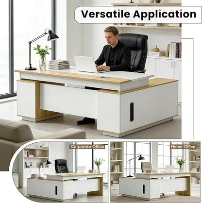 L Shaped Executive Desk with Drawers, Modern Large Wood Home Office Desk, Computer Desk with Storage for Boss Office Workstation