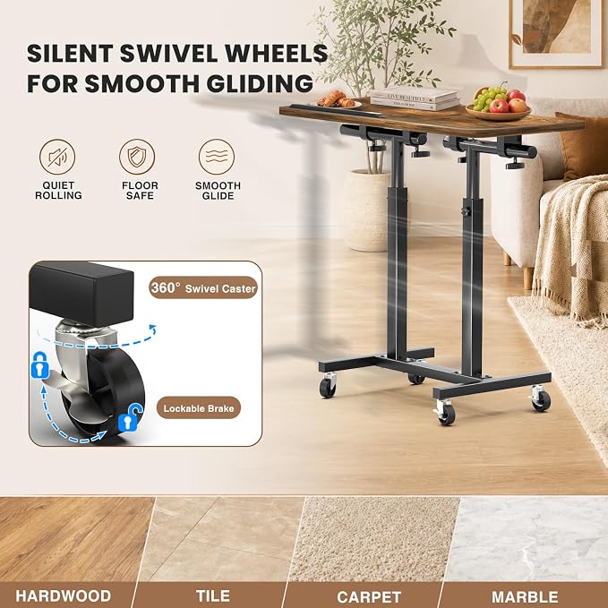 Elowen Double-Pole Portable Rolling Laptop Standing Desk with Wheels, Large-Size Tilting Overbed Bedside Table, Mobile Adjustable Height Computer Workstation for Office Home Use