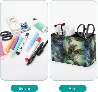 Niapessel Pencil Holder for Desk, Peacock Feathers Pen Holder Storage Desktop Pen Organizer Desk Pencil Organizer Makeup Brush Holder for Office School College Leather