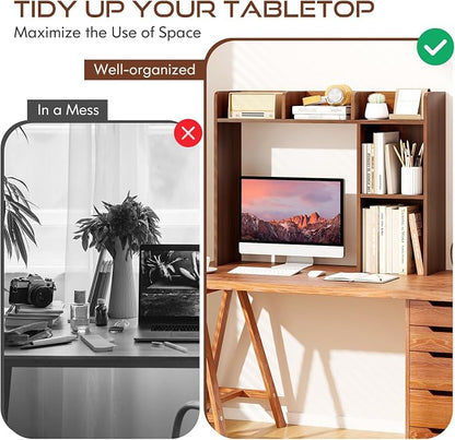 Tangkula Desktop Bookshelf, Countertop Storage Hutch with Shelves for Computer Desk, Desk 3-Tier Display Rack, Multipurpose Wood Desktop Hutch Storage Organizer for Dorm Office (Walnut)
