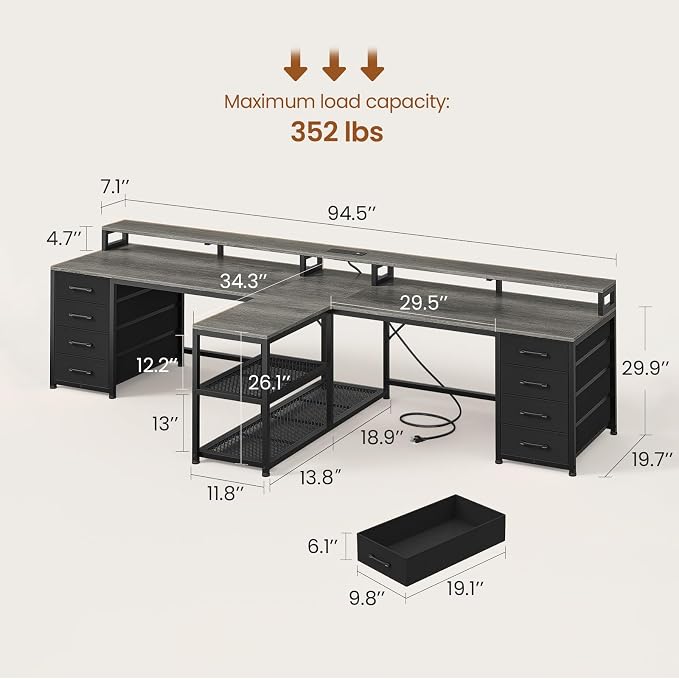 SEDETA 94.5" 2 Person Gaming Desk, Long Office Computer Desk with 8 Drawers & LED Lights, Two Person Desk with Storage, Power Strip & Monitor Stand for Home Office, Grey