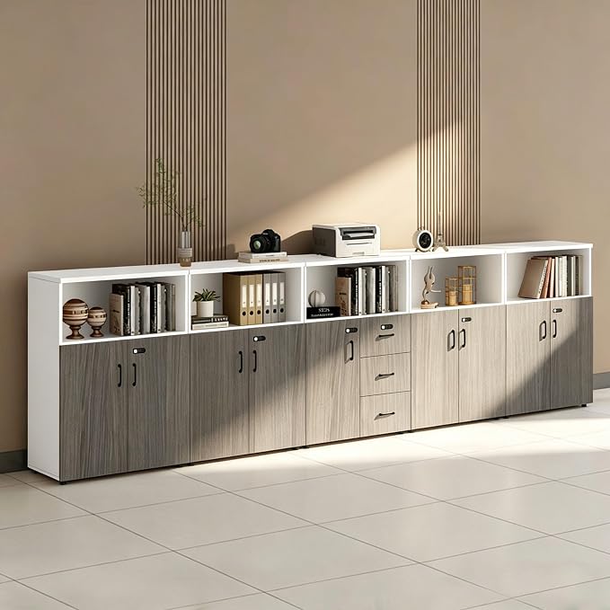 File Cabinet with Password Lock, Wood Lateral Filing Cabinet for Letter/A4 Files, 3 Drawer with Door, Printer Stand with Open Shelves for Home Office