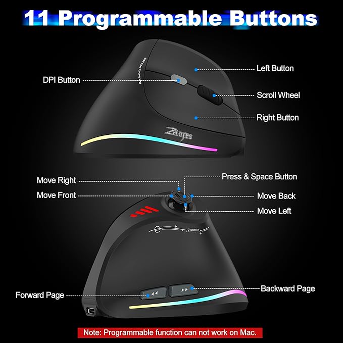 TRELC Gaming Mouse with 5 D Rocker, Vertical Ergonomic Mouse with 11 Programmable Buttons, 24000 DPI, On-Board Memory, Optical Computer Mice for PC/Laptop/E-Sports/Gamer (Wireless)