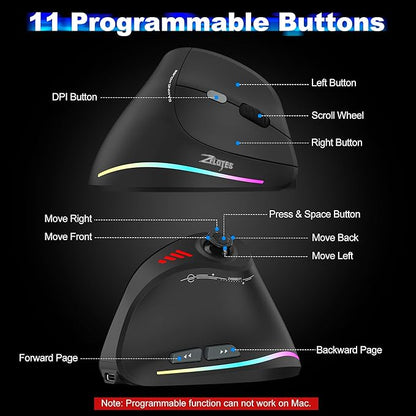 TRELC Gaming Mouse with 5 D Rocker, Vertical Ergonomic Mouse with 11 Programmable Buttons, 24000 DPI, On-Board Memory, Optical Computer Mice for PC/Laptop/E-Sports/Gamer (Wireless)