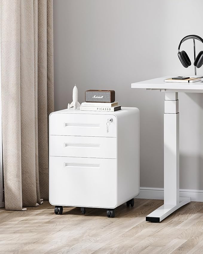 PEUKC 3 Drawer File Cabinet with Lock, Metal Under Desk Rolling Filing Cabinet fits Letter/Legal/A4 Size for Home Office,(Fully Assembled, White)