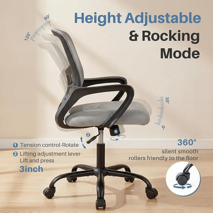 DUMOS Home Office Chair - Ergonomic Mid Back Mesh Desk Chair with Lumbar Support & Rocking Mode, Height Adjustable, Fixed Armrest, for Conference, Computer, 360° Swivel, Adults, Grey