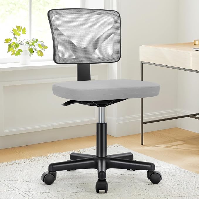 DUMOS Small Office Chairs with Wheels, Ergonomic Adjustable Home Desk Swivel Rolling Task Chair No Arms, Comfy Mesh Mid Back Computer Work Vanity Desk Chairs for Small Spaces, New Grey