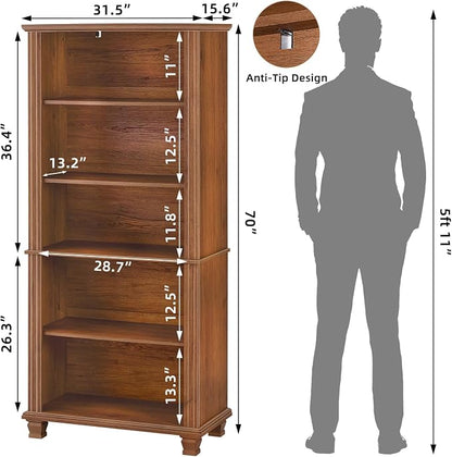 SAVOR LIFE 70" Tall Brown Bookshelf,5 Tier Wooden Book Shelf with Adjustable Shelves & Wood Legs,Free Standing Farmhouse Bookcase with Open Display Storage,Vintage Bookshelves for Classroom, 2PCS