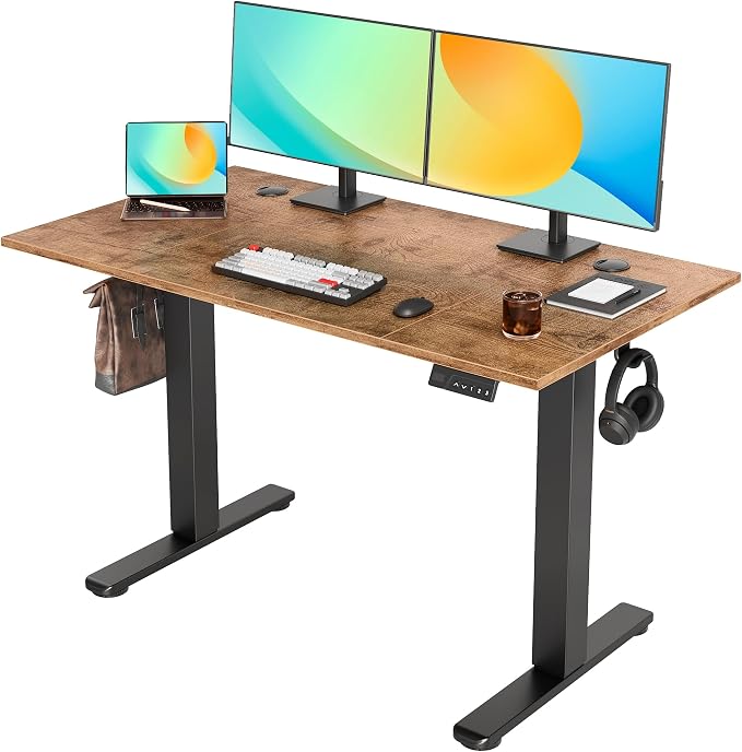 YDN Electric Standing Desk Adjustable Height, 48 x 24 Inches Sit Stand up Desk with Memory Presets & Cable Management, Home Office Desk for Office & Computer Workstation, Black Frame/Rustic Brown Top