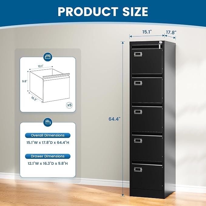 PEUKC 5-Drawer File Cabinet, 16.3" Deep Vertical Metal Filing Cabinet with Lock for Home Office, Anti-Tip 5 Storage Drawers for Letter/Legal/A4/F4 Size (Assemble Required, Black)