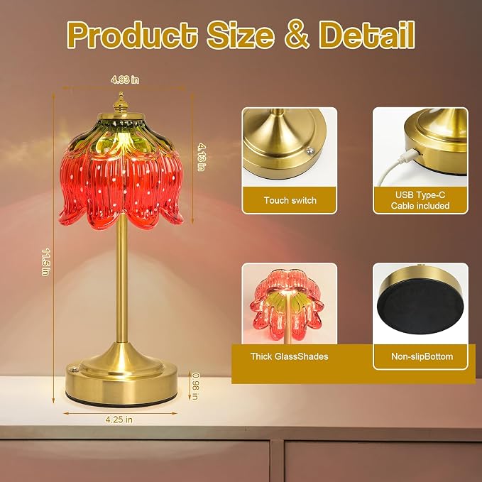 Cordless Lotus Flower Table Lamp, 5200mAh Rechargeable Battery Operated Portable Lamp, 3-Color Dimmable Touch Control Small Desk Lamp for Bedroom, Office, Kitchen, Nightstand,Room Decor (Strawberry)