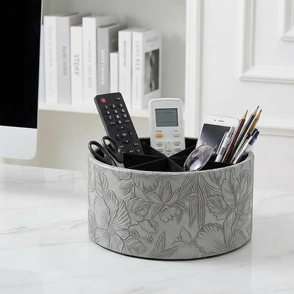 Remote Control Holder, 360°Spinning PU Leather Desk TV Remote Caddy,Desk Storage Box Room Accessories for Controller, Media,Mail,Calculator, Mobile Phone,Pencil(1-Carved Grey)