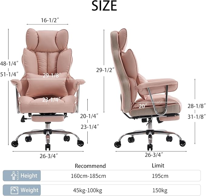 Efomao Big and Tall Office Chair, 400lbs Heavy Duty High Back Executive Chair with 23.6" Extra Wide Seat, PU Leather Desk Chair with Footrest and Padded Armrests, Pink