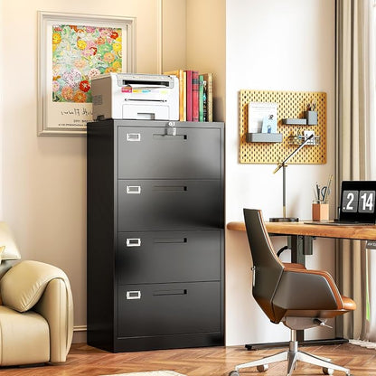 Metal Lateral 4 Drawer File Cabinet with Lock, Wide Filing Cabinet for Home Office Organization Hanging Files Letter/Legal/F4/A4 Size (Black, Assembly Required)