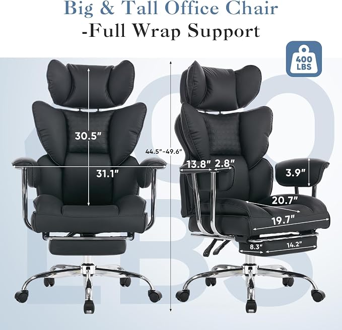 DUMOS Big and Tall Office Chair 400 LBS, Scratch-Resistant PU Leather Executive Office Desk Chair with Footrest, Ergonomic Reclining Computer Chairs with Pocket Spring Support, Black