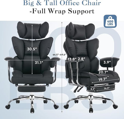 DUMOS Big and Tall Office Chair 400 LBS, Scratch-Resistant PU Leather Executive Office Desk Chair with Footrest, Ergonomic Reclining Computer Chairs with Pocket Spring Support, Black