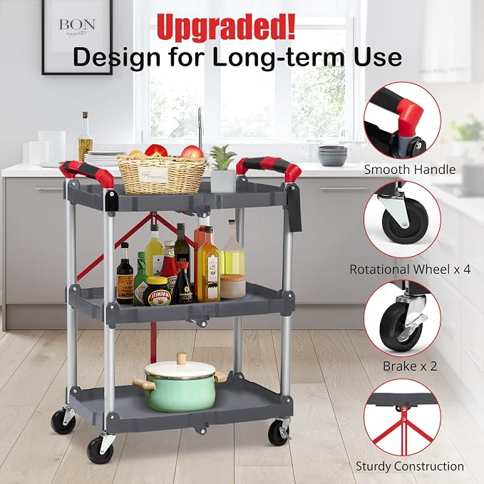 Garvee Collapsible Folding Utility Cart with Wheels, 3 Tier Rolling Service Cart for Kitchen, Office, Shopping, Garage