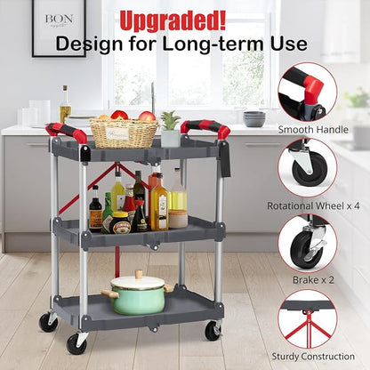 Folding Utility Service Cart, Collapsible Cart with Wheels, 3 Tier Rolling Utility Cart, Folding Cart with Wheels Collapsible, Service Cart for Tool, Grocery, Kitchen, Office