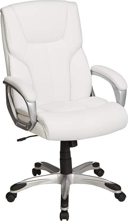 Amazon Basics Executive High Back Office Desk Chair, Adjustable Height, Tilt, Swivel, 275lb Capacity, Bonded Leather, White/Pewter