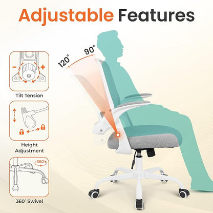 NEO CHAIR Office Chair Computer Desk Chair Ergonomic Gaming Comfy Mesh with Flip-up Arms Lumbar Support Adjustable Height Rolling Wheels for Home Office (Grey)