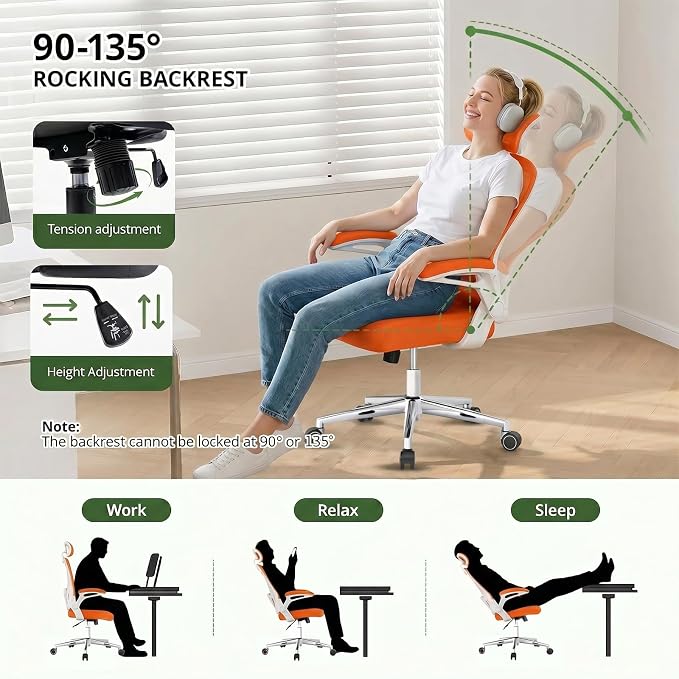 Office Chair, Ergonomic Breathable Mesh Chair,Flip-Up Arms and Adjustable High Back Lumbar Support,Comfy Computer Chair for Home Office (Orange, 407)