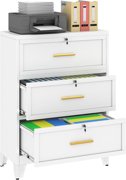Metal Lateral File Cabinet with Lock,3 Drawer Steel Wide Filing Organization Storage Cabinets for Legal/Letter/A4/F4 Size with Hanging Files&Key,Lockable Printer Stand for Home Office, White