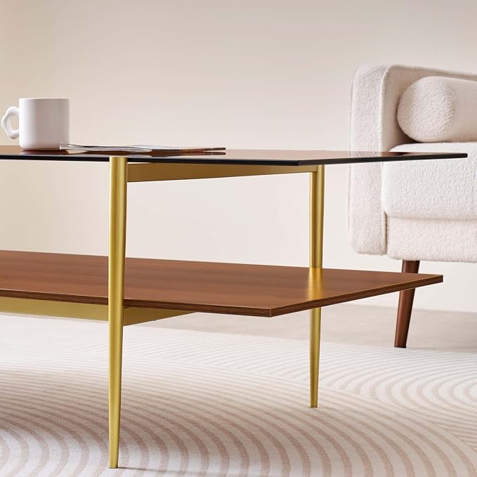 LumFurn Extra Large Rectangle Glass Coffee Table, Mid-Century Modern Design for Living Room, L47 x W24 x H17, Amber Glass Top and Walnut MDF Shelf, Sleek Conical Metal Legs with Gold Finish
