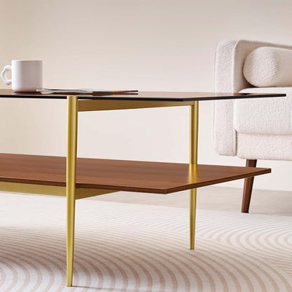LumFurn Extra Large Rectangle Glass Coffee Table, Mid-Century Modern Design for Living Room, L47 x W24 x H17, Amber Glass Top and Walnut MDF Shelf, Sleek Conical Metal Legs with Gold Finish