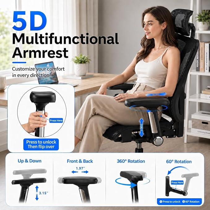 Ergonomic Office Chair, Breathable Mesh Back and Seat, High Back Desk Chair with Adjustable Lumbar Support, 5D Armrests, 135° Reclining Backrest, 2D Headrest, Home Office Computer Chair