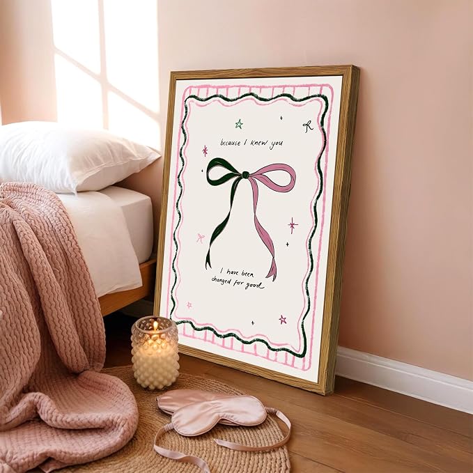 Framed Pink Bow Wall Art, Coquette Preppy Canvas Wall Decor Pictures, Trendy Inspirational Quote Paintings Prints Girly Home Decor Aesthetic for Girls Room Bedroom Dorm 12x16 inch