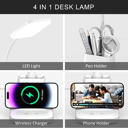 Desk Lamp with Wireless Charger - LED Desk Lamps for Home Office with Pen Holder, 800LM, 3 Color Modes, Flexible Arm, Eye-Caring White Table Lamps for Home College Dorm Room