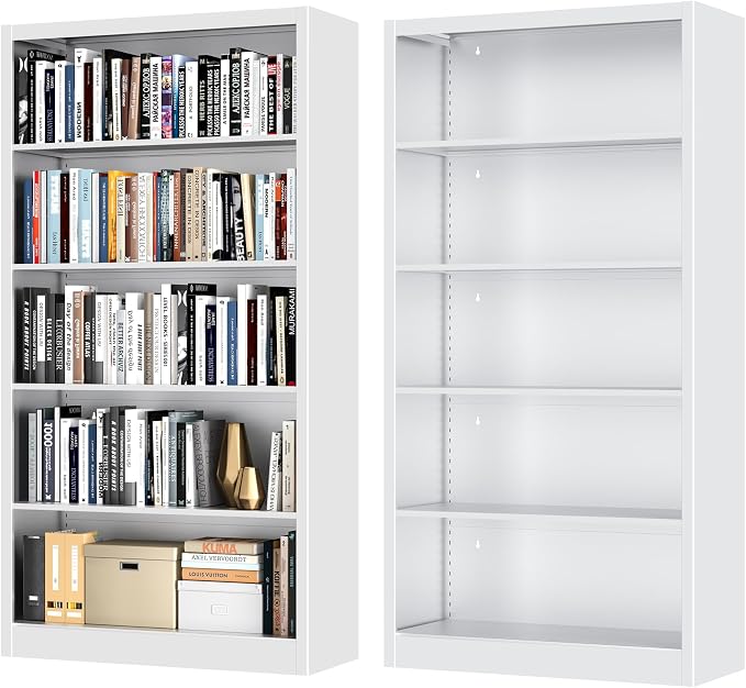 OSEILLC Bookcase,5 Tier White Bookshelves,66" Tall Free Standing Metal Bookcase with Adjustable Storage Shelves, Industrial Wide Bookshelf for Bedroom Living Room Home Office School