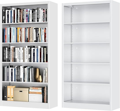 OSEILLC Bookcase,5 Tier White Bookshelves,66" Tall Free Standing Metal Bookcase with Adjustable Storage Shelves, Industrial Wide Bookshelf for Bedroom Living Room Home Office School