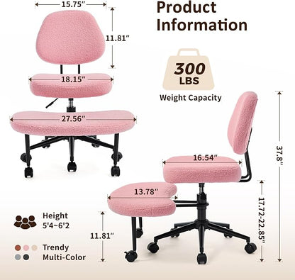Criss Cross Chair Armless Office Chair for Cross Legged Sitting, 300lb Heavy Duty Ergonomic Desk Chair for ADHD, Adjustable Meditation Yoga Kneeling Chair with Brake Wheels for Home Office (Pink)
