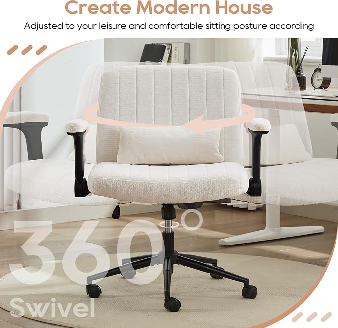 IPKIG Criss Cross Chair with Adjustable Flip-up Arms, Vanity Chair with Wheels, Comfy Desk Chair with Lumbar Pillow Swivel Wide Office Chair for Home Office, Bedroom, Chenille, Beige