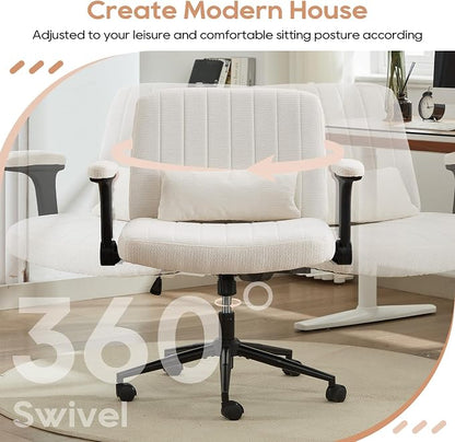IPKIG Criss Cross Chair with Adjustable Flip-up Arms, Vanity Chair with Wheels, Comfy Desk Chair with Lumbar Pillow Swivel Wide Office Chair for Home Office, Bedroom, Chenille, Beige