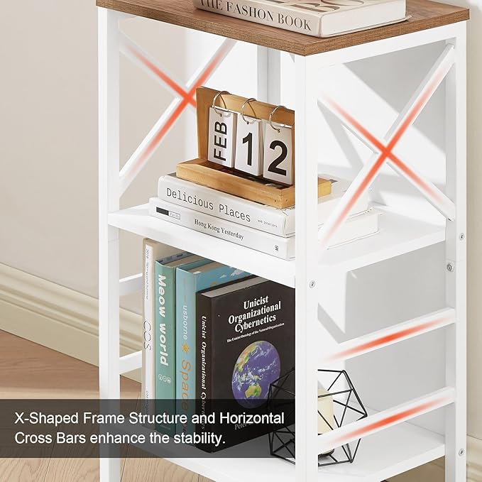 MNEETRUNG Small Bookshelf,3 Tier Industrial Bookcase with Metal Frame and Backboard,Low White Book Shelf,Book case for Small Spaces,Living Room,Bedroom and Home Office
