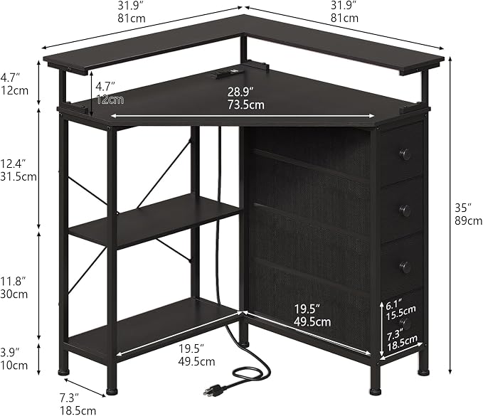 VENNQD Corner Desk with Drawers Shelves for Small Space 90 Degrees Triangle Computer Desk with Power Outlets,Gaming Desk with LED Lights Monitor Stand for Home Office Workstation Writing Table (Black)